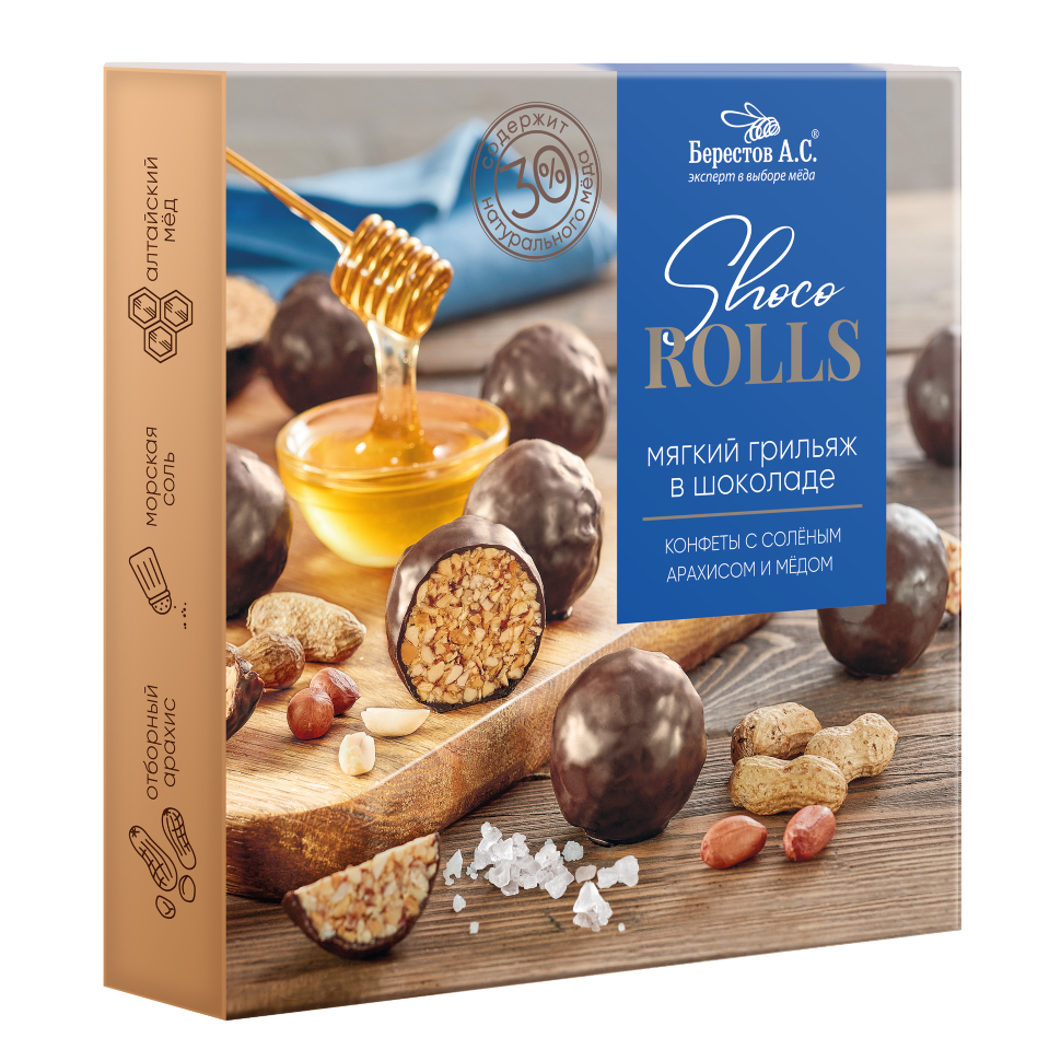  Берестов Shoco Rolls конфеты с арахисом, солью и медом, 135г   в Кемерово